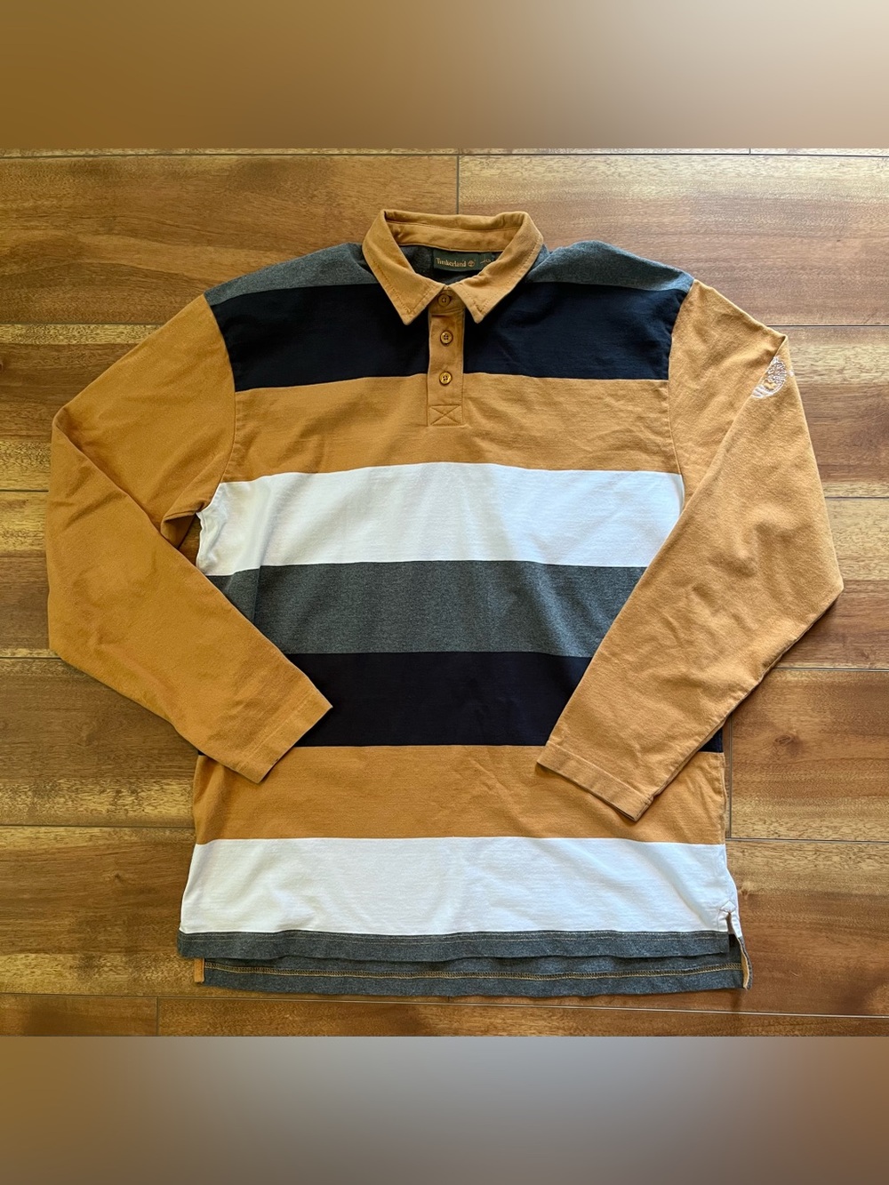 Y2K Timberland Striped Long Sleeve Polo in Tan Black White Gray